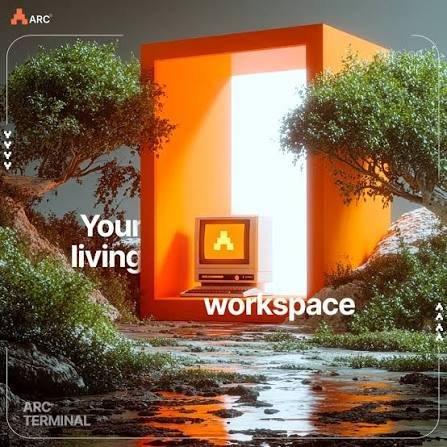 The image features a computer monitor with an orange frame sitting inside a tree trunk surrounded by green leaves. The background includes trees and bushes, creating a natural setting for the scene. The caption below the image reads "Your living workspace", suggesting that the computer monitor is part of a creative or artistic project related to the concept of working from home or utilizing technology in unconventional ways.