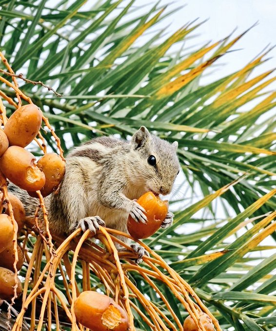 The image features a squirrel sitting on top of a palm tree, eating an orange from one of its branches. The squirrel appears to be enjoying the fruit while perched high up in the tree. The background consists of green leaves that provide a natural setting for this scene.