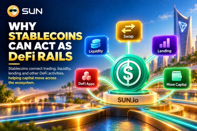 A promotional graphic for SUN.io titled 'WHY STABLECOINS CAN ACT AS DeFi RAILS', illustrating how stablecoins connect Swap, Liquidity, Lending, DeFi Apps, and Move Capital functions around a central dollar coin.
