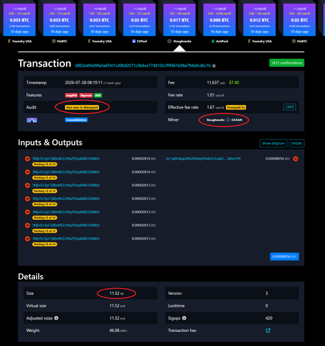 The image shows a Bitcoin transaction (d802e4f4d99a5aff301c49fa82071c806ce7749102cfff461b98a794a9cd6c16) with 1,422 confirmations, where the circled details highlight that it was "first seen in Mempool" with F2Pool as the miner, processed by Roughnecks, with a size of 11.52 vB, illustrating the type of spam transaction referenced in the post as standard in Knots but not Bitcoin Core.