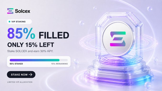 Promotional graphic for SolCex VIP Staking showing 85% filled (15% remaining) of a limited allocation for staking $SOLCEX at 30% APY, featuring the SolCex logo on a glowing pedestal with a "STAKE NOW" call-to-action button.
