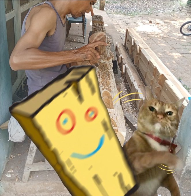An older man in a tank top meticulously carves intricate patterns into a long wooden log, while a cat watches from the side. The image has been edited with a cartoonish sponge-like face, and the post references a crypto address, though no text is visible in the image itself.