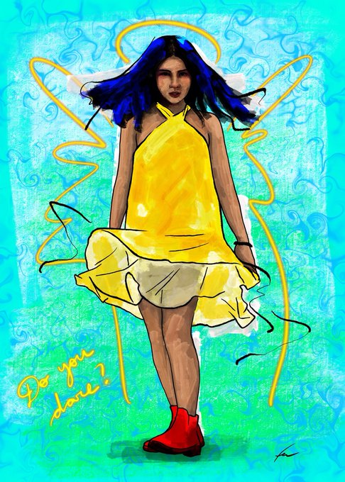 An artistic illustration of a girl with blue hair, a yellow halter dress, red boots, and a halo, with the text 'Do you dare?' written on the side.