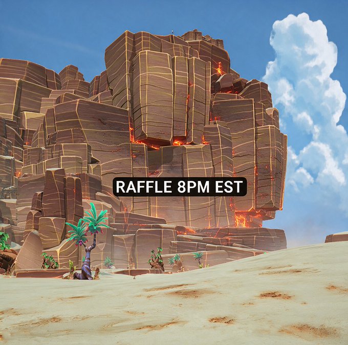A stylized desert landscape featuring a towering rocky cliff with lava seeping through its crevices, accompanied by the text 'RAFFLE 8PM EST' overlaid in the center.