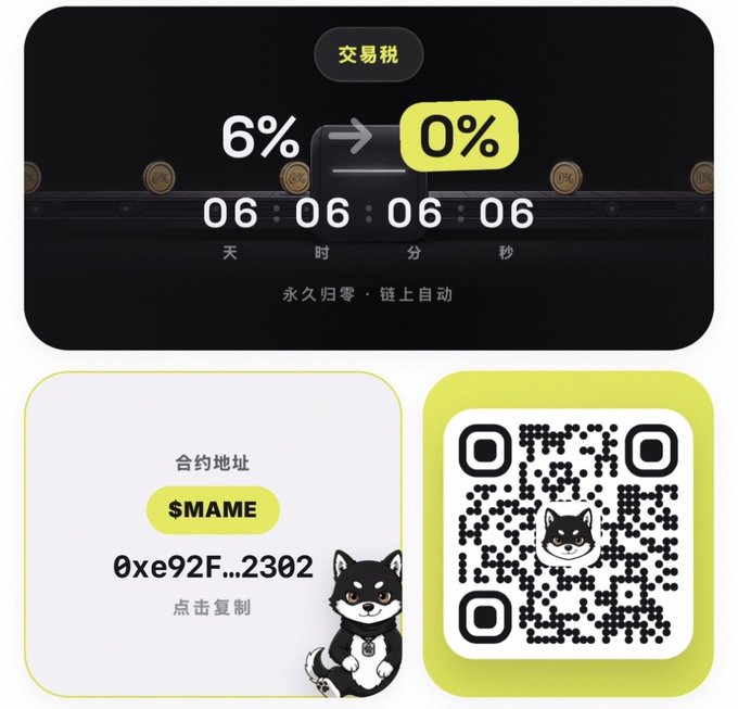 A digital graphic shows a transaction tax rate decreasing from 6% to 0% with a countdown timer reading 06:06:06:06, along with a Shiba Inu dog illustration, a contract address starting with '$MAME' and '0xe92F...2302', and a QR code.