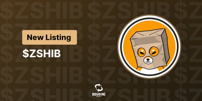 Announcement graphic for a 'New Listing' of '$ZSHIB' on the Houdini Swap exchange, featuring a cartoon mascot of a dog inside a brown paper bag on an orange circular background.