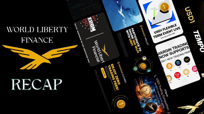 'World Liberty Financial RECAP' thumbnail featuring the golden eagle logo alongside graphics highlighting the $300M World Liberty Financial card, WLFI token, USD1, and margin trading updates.