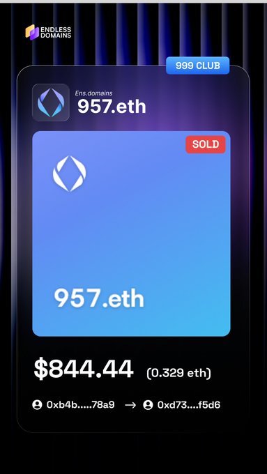 Endless Domains screenshot showing an ENS domain 957.eth listed as SOLD in the 999 Club for $844.44 (0.329 eth), with transaction details including addresses 0xb4b...78a9 and 0xd73...f5d6.
