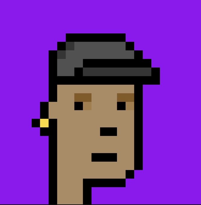 A pixel art illustration of a person's face with a dark gray/black hairstyle against a purple background, wearing a small yellow earring.