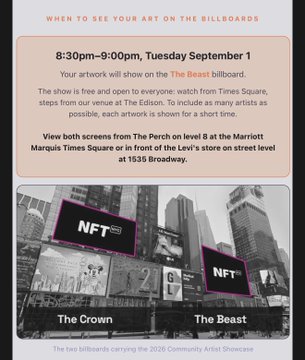 A promotional email for NFT billboard art, displaying the text 'WHEN TO SEE YOUR ART ON THE BILLBOARDS' for an event on Tuesday September 1 at The Edison and Marriott Marquis Times Square.
