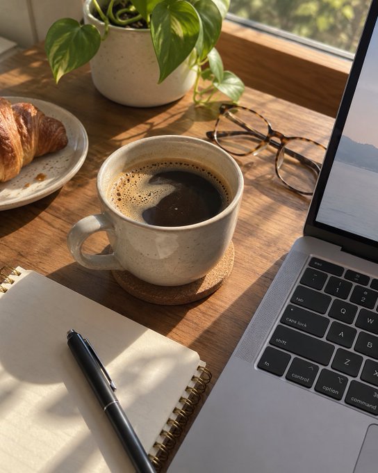 An overhead shot of a desk with a laptop, a cup of coffee on a cork coaster, an open notebook with a pen, a pair of glasses, a croissant on a plate, and a potted plant, all illuminated by sunlight.
