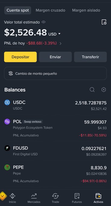 A Binance spot account dashboard shows a total estimated value of $2,526.48 USD with holdings in USDC ($2,521.42), POL (Polygon Ecosystem Token), FDUSD, and PEPE, reflecting the poster's available capital of $2,500 but illustrating their indecision as the portfolio is largely idle cash in USDC rather than active investments.