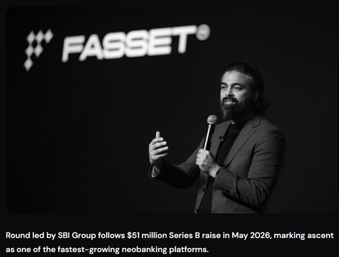 SBI Group logo displayed behind a speaker, with caption noting Fasset's $68M Series C round led by SBI Group following its $51M Series B in May 2026, positioning it as one of the fastest-growing neobanking platforms.