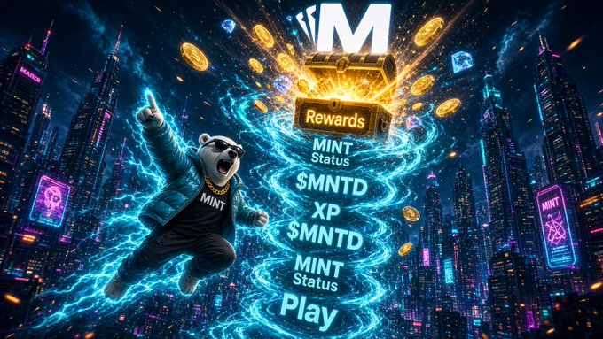 A vibrant digital illustration features a bear character wearing a 'MINT' shirt pointing toward a glowing rewards chest surrounded by floating coins, with text reading 'MINT Status, $MNTD XP, $MNTD, MINT Status, Play' set against a futuristic neon cityscape.