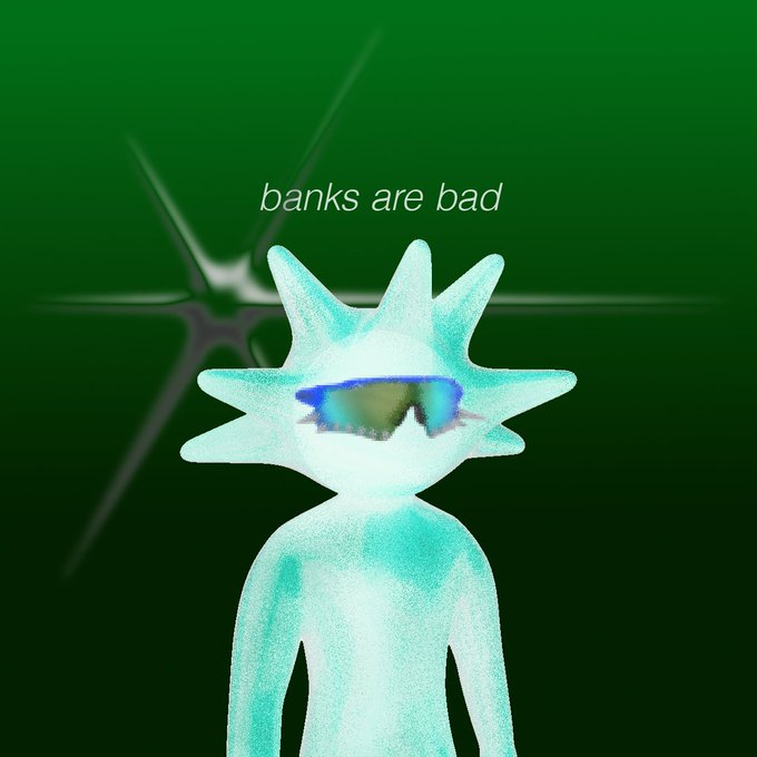 A glowing, spiky-headed white alien character wearing iridescent sunglasses stands against a dark green background with a lens flare, with the text "banks are bad" displayed above its head, serving as a sample piece from a new original PFP (profile picture) collection being teased.