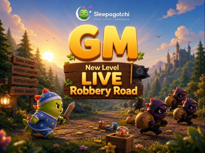 A promotional graphic for Sleepagotchi announcing 'GM - New Level LIVE Robbery Road' featuring cartoon dragon and goblin characters in a fantasy setting.