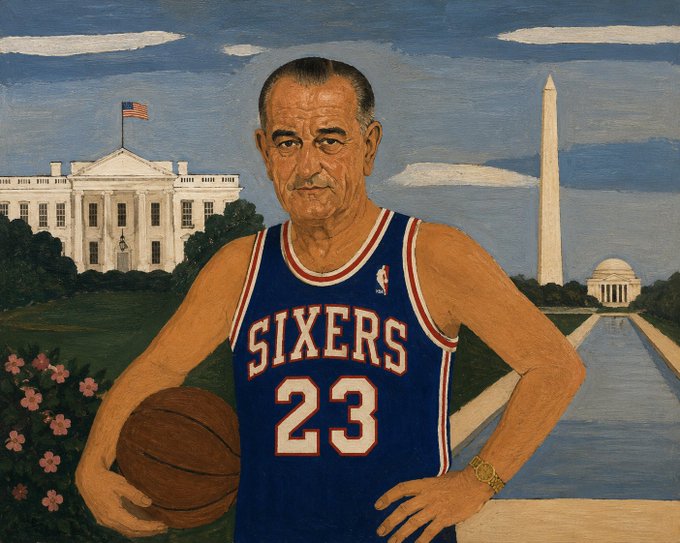 A painted portrait depicts President Lyndon B. Johnson wearing a blue Philadelphia 76ers jersey with "SIXERS" and the number "23" on it, holding a basketball in front of the White House and Washington Monument, tying into the meme celebrating LeBron James joining the team.