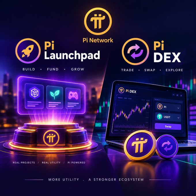 A promotional graphic for the 'Pi Network' highlighting 'Pi Launchpad' (BUILD, FUND, GROW) and 'Pi DEX' (TRADE, SWAP, EXPLORE) with neon visuals.