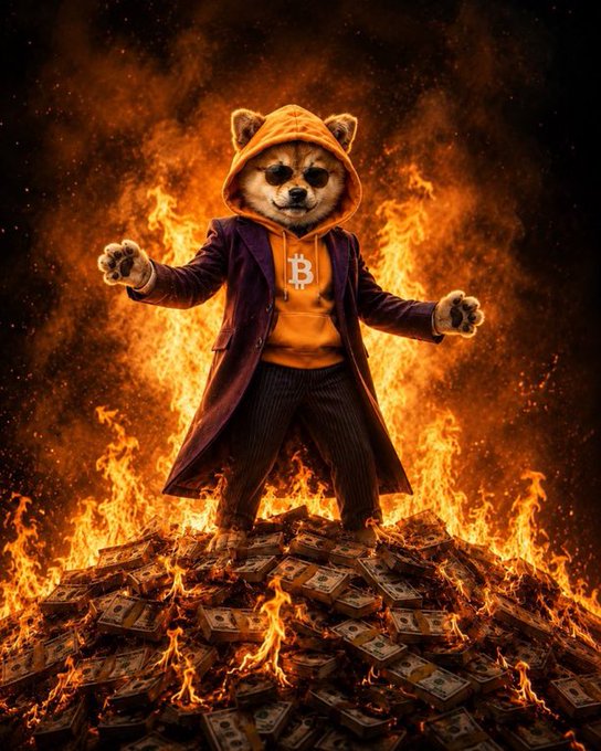An illustration of a dog wearing sunglasses and an orange Bitcoin hoodie, standing triumphantly on a pile of burning cash.