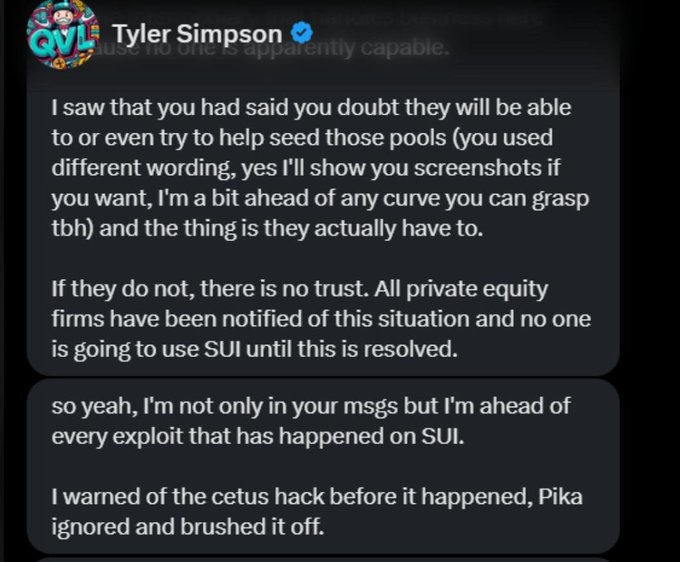 A screenshot of two Twitter/X messages from verified user Tyler Simpson (@qvI) discussing SUI ecosystem issues, private equity notifications, and claims of warning about the Cetus hack before it occurred.