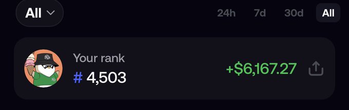 A dark interface displays a rank of '# 4,503' with earnings of '+$6,167.27' in green text next to an avatar of a character in a pirate hat.