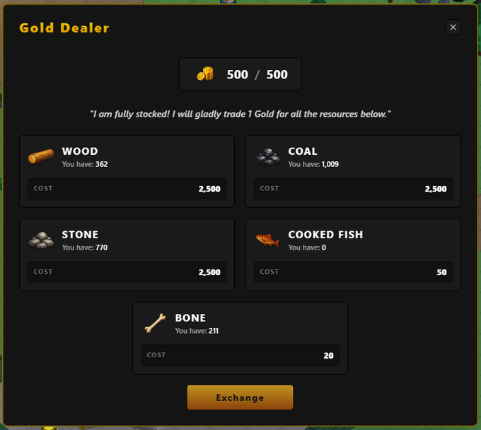 A 'Gold Dealer' trading interface showing 500/500 gold available for exchange into resources like Wood (2,500), Coal (2,500), Stone (2,500), Cooked Fish (50), and Bone (20) with quantities the user has.
