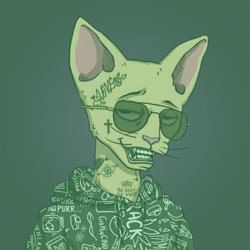 An illustration of a green cat-like character wearing sunglasses and a hoodie covered in graffiti-style text and drawings including 'FUCK NU PURR' and 'we face no more'.