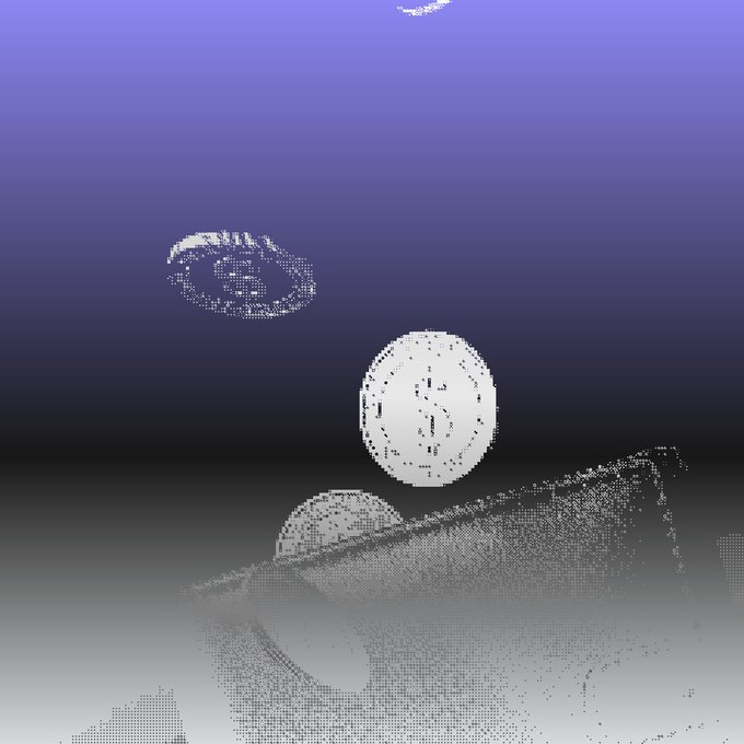Pixel art style illustration of an eye in a purple sky above a moon-like sphere and a landscape, rendered in a limited grayscale palette.