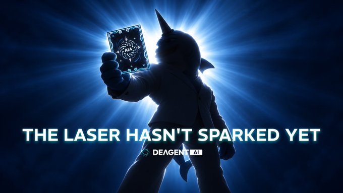 A silhouetted action figure resembling Ultraman holds a glowing blue card forward against a radiant blue light backdrop, with the text 'THE LASER HASN'T SPARKED YET' and the watermark 'DEAGENT.AI' displayed below.