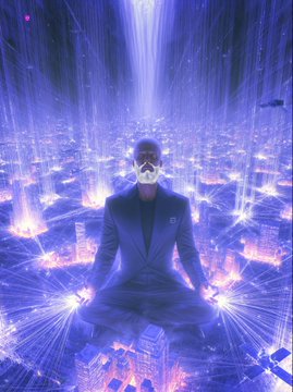 A person meditating in a lotus position wearing a formal suit and a white mask, surrounded by a glowing purple/blue futuristic digital cityscape with light beams.