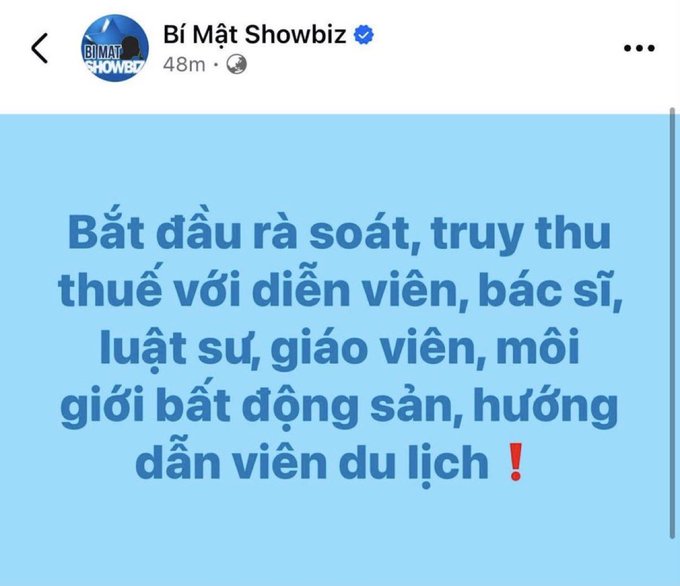 A Facebook post by 'Bí Mật Showbiz' in Vietnamese announcing tax inspections and collections targeting actors, doctors, lawyers, teachers, real estate brokers, and tour guides.