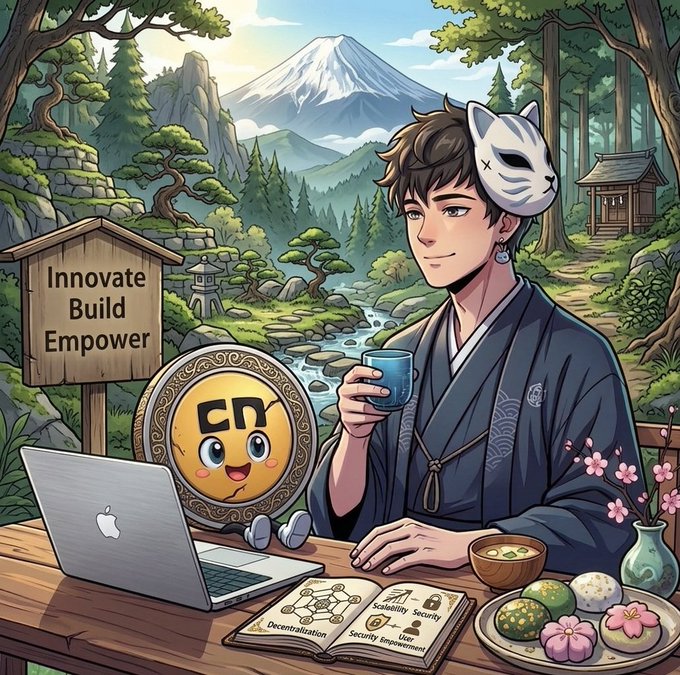 The image depicts an anime-style character wearing a fox mask and traditional Japanese attire, sitting at a desk with a laptop displaying "CN" on a coin character, alongside a sign reading "Innovate Build Empower" and an open book with terms like "Decentralization," "Scalability," and "Security Improvement," with a serene Mount Fuji landscape in the background—symbolizing NomismaNetwork's Season 3 progression to Stage 12 with over 500,000 Diamonds available, including 125,000 for Stage 13, where continued quest engagement and dApp participation drive success.