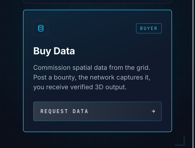 A 'Buy Data' interface panel from Vangrid with a 'BUYER' label, offering to commission spatial data with a 'REQUEST DATA' button.