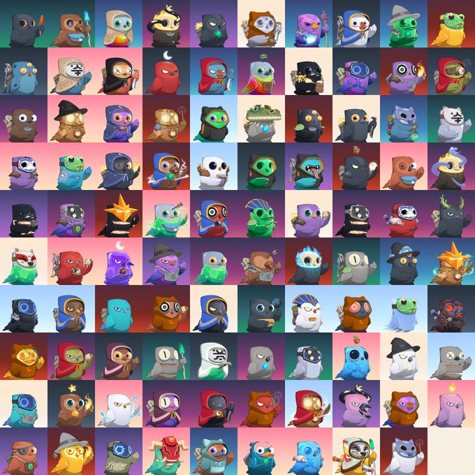 A grid of colorful cartoon penguin and owl-like characters, each dressed in different costumes and outfits.
