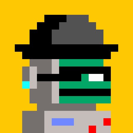 A pixel art character on a yellow background wearing a black fedora-style hat, a green and black striped mask covering the face, and a gray outfit with red and blue accents.