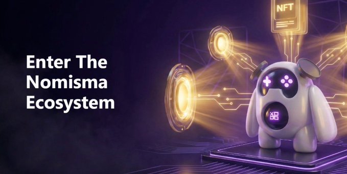 The image features a 3D rendering of a robot with a face and arms, surrounded by various lights that create an immersive environment. The text overlaying the image reads "Enter The Nomisima Ecosystem" and "Web3's next phase won't be driven by ownership alone it will be powered by participation". This suggests that the image is promoting a new era of digital assets and blockchain technology, where users can actively participate in shaping the future of virtual economies.