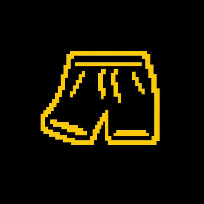 A yellow pixel art icon on a black background depicting a pair of shorts with a drawstring waist.