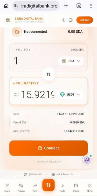 The image shows Sidra Digital Bank's swap interface displaying an exchange rate of 1 SDA = 15.9698 USDT, with a fee of 0.3% and minimum received of 15.842316 USDT. This aligns with the post noting SDA's high price near $16, reinforcing the user's warning to wait for official SCT announcements before making any trades.