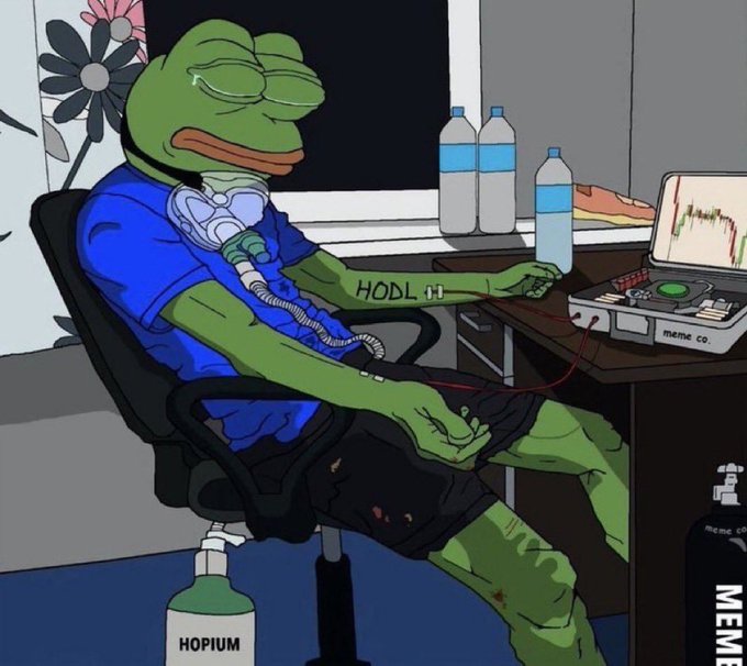 A cartoon of the depressed 'HODL' frog meme wearing an oxygen mask connected to a 'HOPIUM' tank, sitting at a desk looking at a losing stock chart on a laptop labeled 'meme co.'