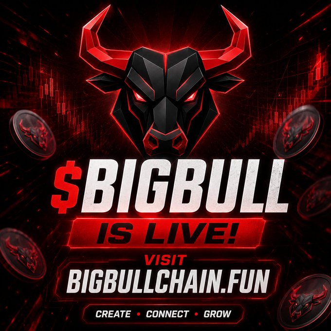 A bold promotional graphic features a fierce black and red bull emblem with glowing red eyes and sharp horns, announcing "$BIGBULL IS LIVE!" and directing viewers to "VISIT BIGBULLCHAIN.FUN" with the tagline "CREATE • CONNECT • GROW." The design aligns with the launch announcement of the $BIGBULL meme coin on Solana, offering 50,000 tokens to the first 1,500 addresses through the presale site bigbullchain.fun.