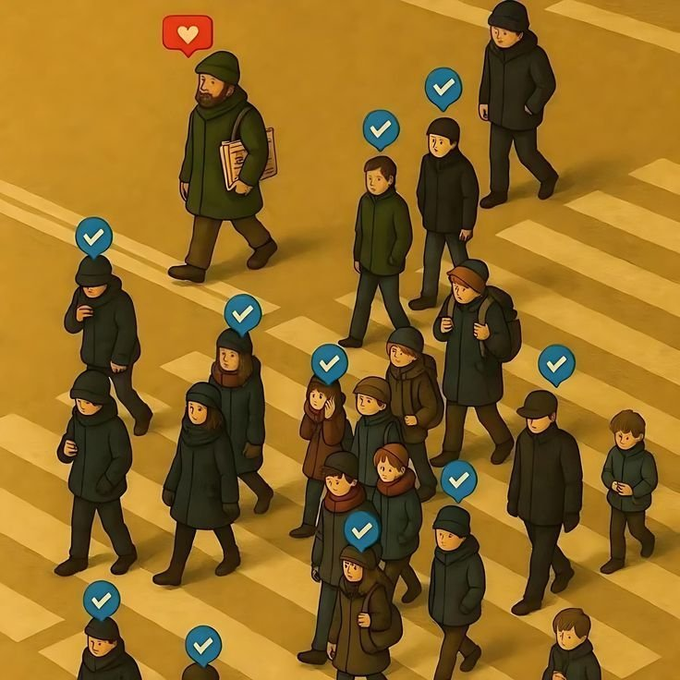 An illustration depicts a crowd of people in dark winter clothing crossing a yellow street, with blue checkmark icons above most and a red heart icon above one bearded man.