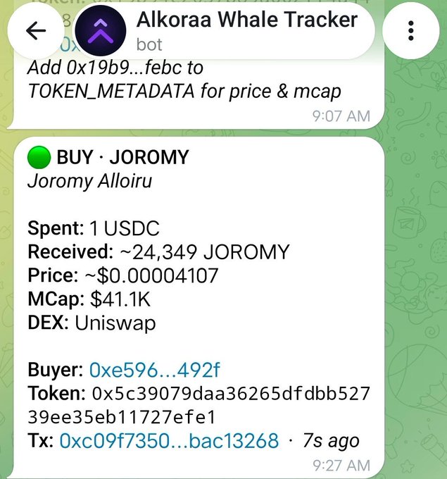 A Telegram message from "Alkoraa Whale Tracker" bot showing a BUY transaction for JOROMY token, with 1 USDC spent for ~24,349 JOROMY at price ~$0.00004107, market cap $41.1K, on Uniswap DEX.