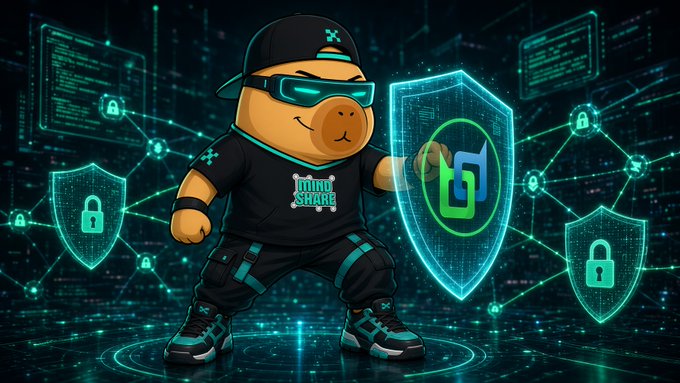 A cartoon bear mascot in tactical gear holds a glowing teal shield emblazoned with the "Mini" logo, standing amid a cyber network of padlock icons and data streams—visually echoing the post's themes of cryptographic security, confidential assets, and private EVM sidechain infrastructure.