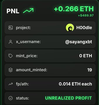 A profit and loss card showing +0.266 ETH (+$489.97) unrealized profit from the HOODle project by user @sayangxbt, with mint price 0 ETH, 19 items minted at 0.014 ETH each.