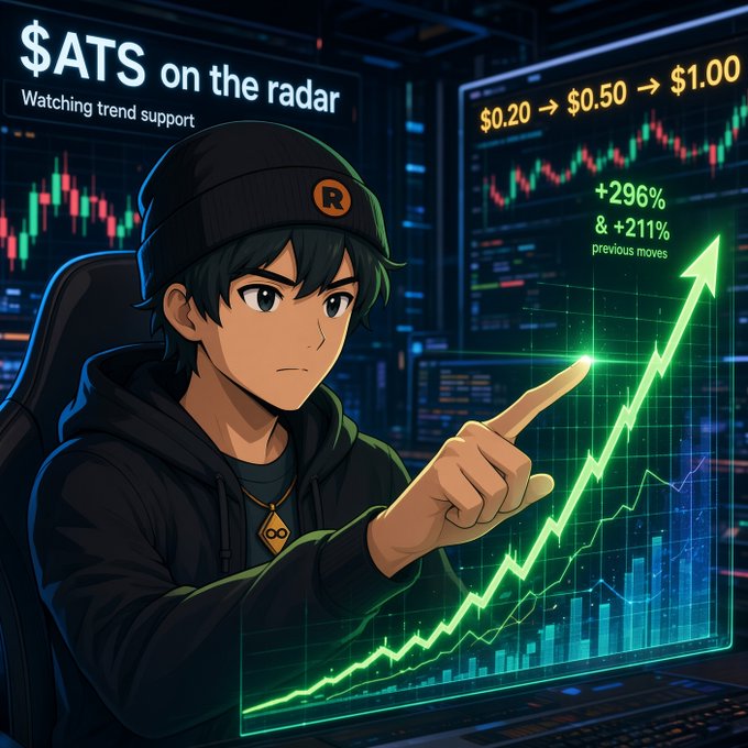 An anime-style digital illustration of a young man in a black hoodie and beanie pointing at a glowing green stock chart labeled '$ATS on the radar' with text showing price increases from '$0.20 → $0.50 → $1.00' and '+296%'.