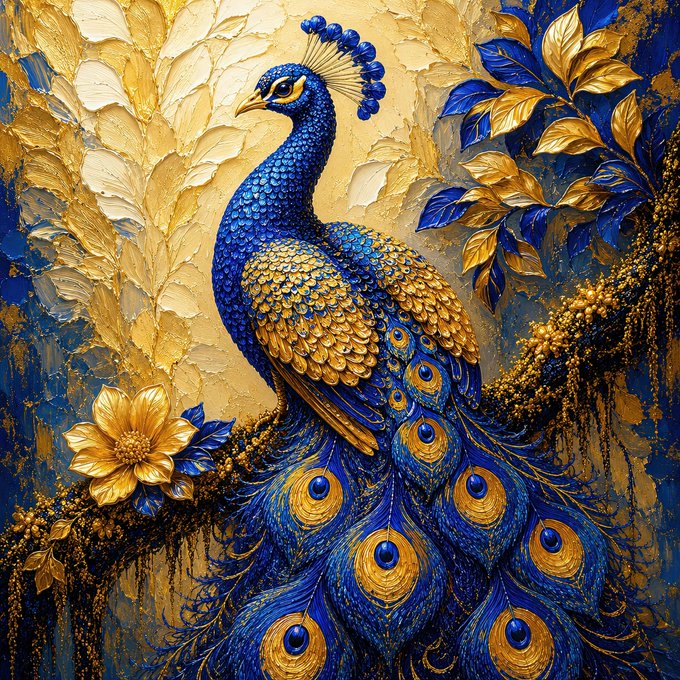 The image features a beautiful peacock with blue and gold feathers perched on a branch, surrounded by gold leaves and flowers. The peacock's vibrant colors contrast beautifully against the backdrop of the painting. The background appears to be a blend of blue and gold hues, creating an overall sense of harmony in the artwork.