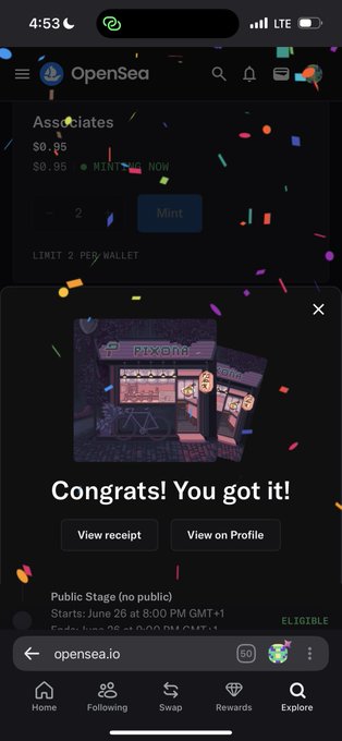 A screenshot from OpenSea showing a successful NFT mint, with a pop-up reading "Congrats! You got it!" featuring the "Pixona" collection, alongside a "Mint" button priced at $0.95 for "Associates" with a 2 per wallet limit. The image celebrates the user's minting success, tying into the post's shoutout to @PixonaOrg for a successful mint and the achievement of 27 ETH in volume.