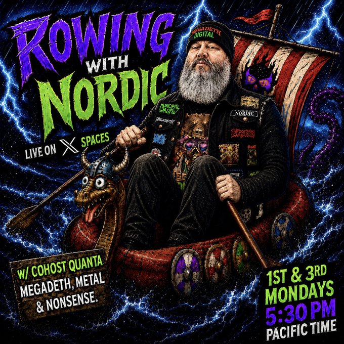 Promotional graphic for 'Rowing with Nordic' live on X Spaces with cohost Quanta, airing 1st & 3rd Mondays at 5:30 PM Pacific Time, featuring a bearded man on a Viking-style boat with lightning in the background.