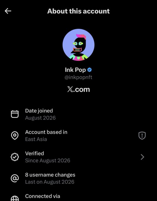 A screenshot of an X (formerly Twitter) "About this account" page for the verified user "Ink Pop" (@inkpopnft), showing it joined in August 2026, is based in East Asia, and has undergone 8 username changes. The image supports the post's claim by exposing the account's suspicious metadata—including its recent creation date, rapid username swaps, and verified badge—which are common red flags associated with rug pull scams.