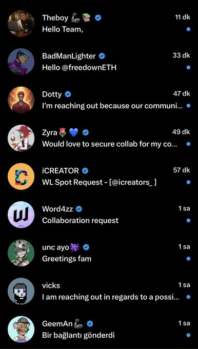 A screenshot of a social media or messaging inbox displaying collaboration requests and greetings from users like 'Theboy', 'BadManLighter', 'Dotty', and 'iCREATOR'.
